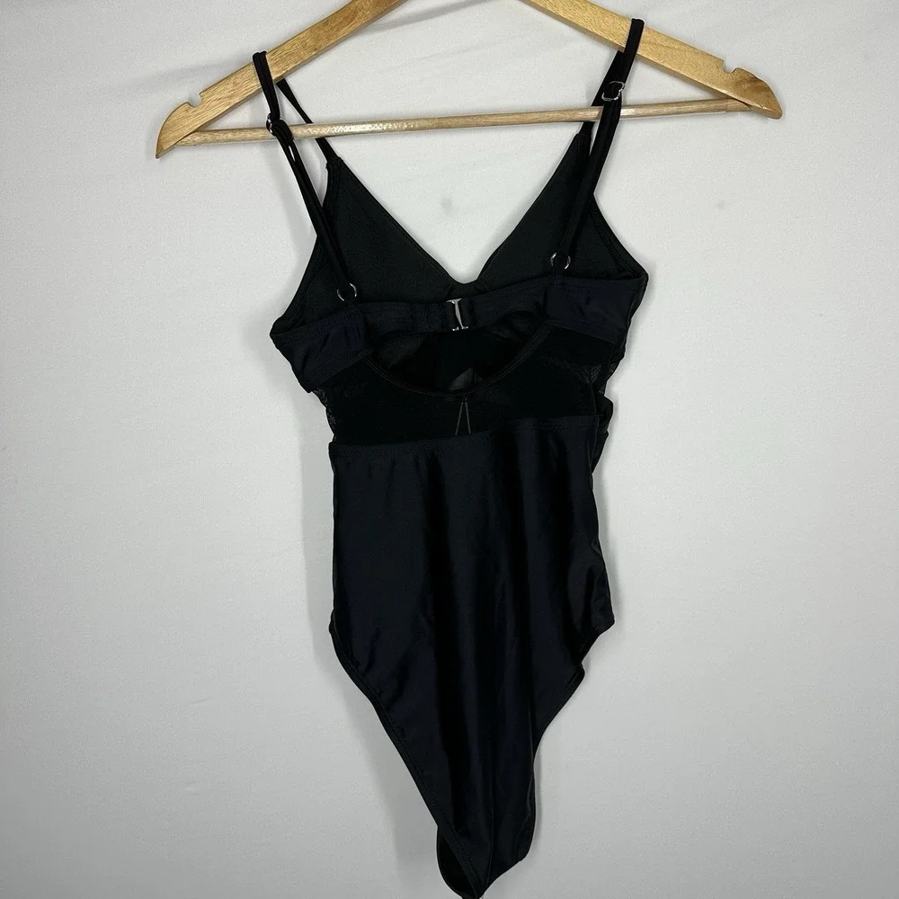 Cupshe #DASL1151BB Solid Mesh Wrap Front Cutout Black One Piece Swimsuit XS